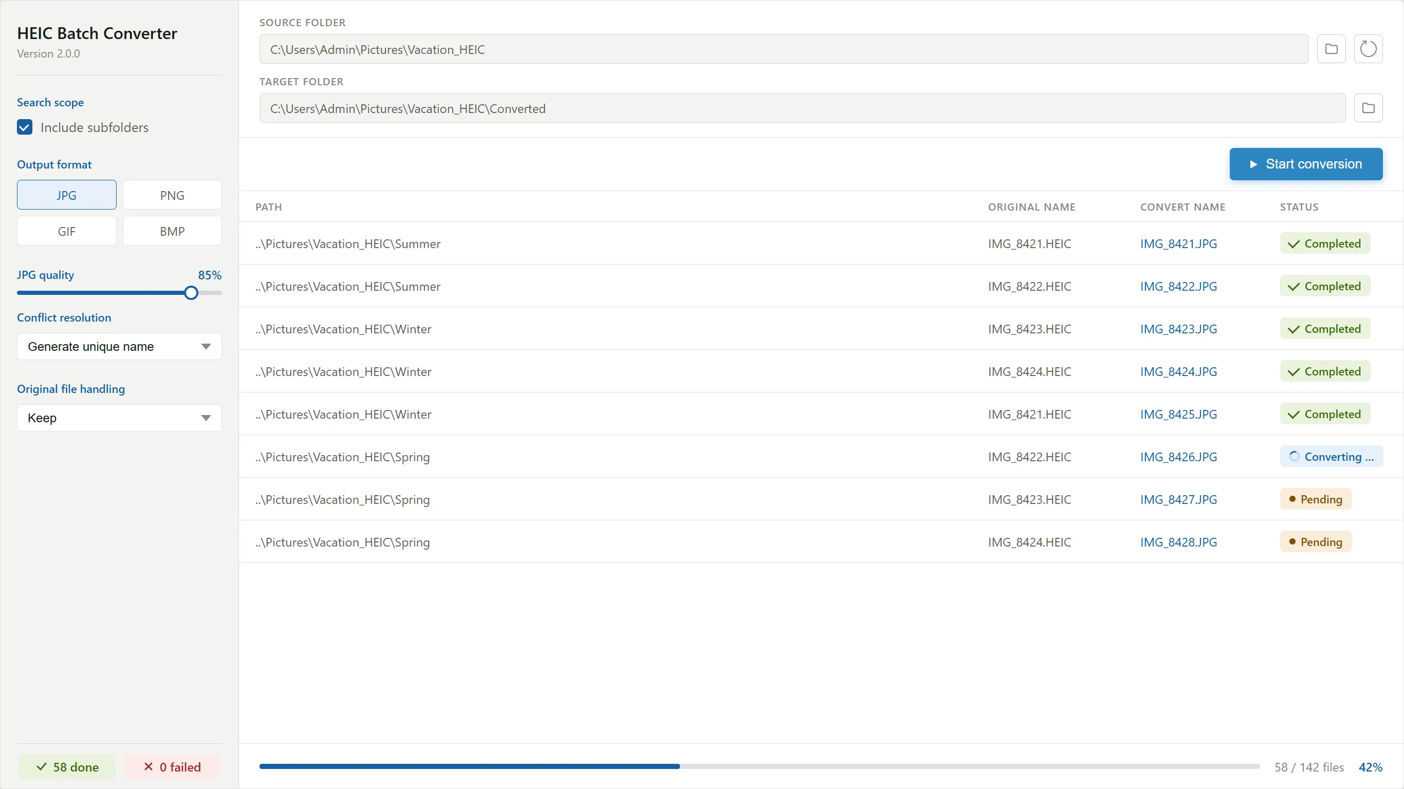 HEIC Batch Converter application window converting a folder of HEIC photos to JPG